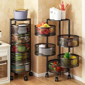 Kitchen Storage Rack Bakers Rack 360° Rotating Carts Moving Floor-Standing Multilayer Vegetable Fruit Hollow Storage Shelf (Size:Round-5F)