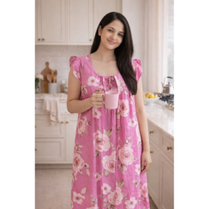 100% Cotton Night Dress with House Court - Pink